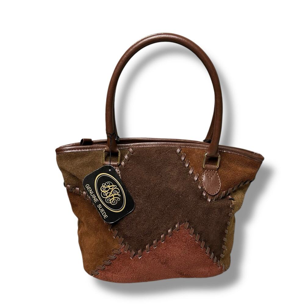 Elegant Patchwork Suede Tote - Brown - image 12